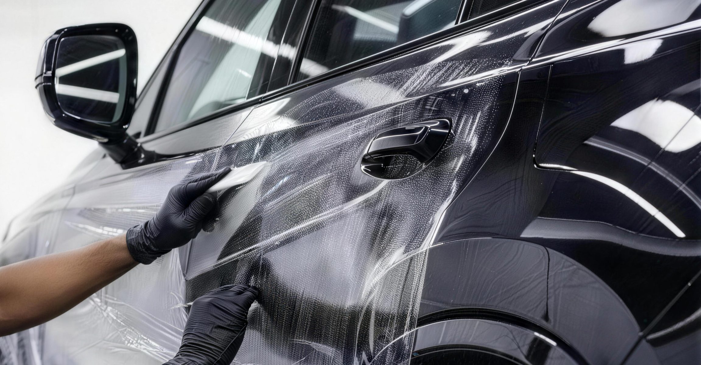 Installer applying ARIDFLEX protection film on vehicle side door